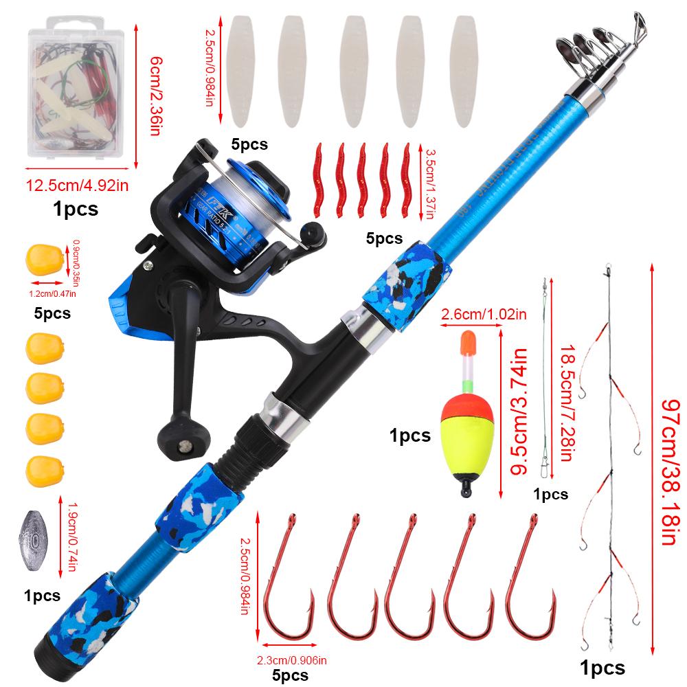 FTK Complete Fishing Kit: 1.8m/5.91ft Lightweight Fibreglass Spinning Rod and Reel Combo Cool Pack - for Fresh and Salt Water, Hooks