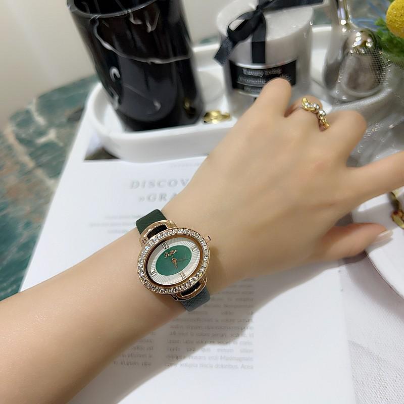 Stylish And Simple Temperament Women'S Watch Diamond-Encrusted Oval Personalized Watch Women'S Small Green Leather Strap Women'S Watch