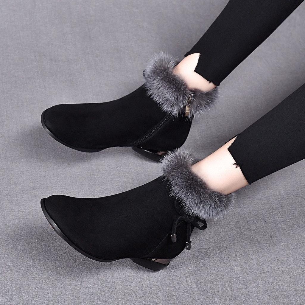 Suede matte leather small short boots round head middle heel fleece low-top autumn and winter fluffy cotton boots temperament fluffy low-heeled women