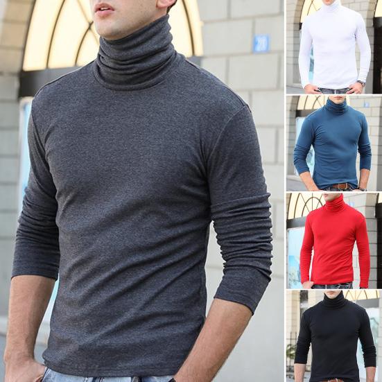 Men Layering Top High Collar Prevent Neck from Wind Highly Stretchy Slim Fit Solid Color