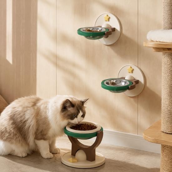 Indoor Cat Feeding Station 2-in-1 Wall Mounted Bowl, Elevated Food Anti-Tipping Foldable Raised Bowl Pet Feeder Shelf, Floating for Cats,