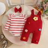 Милый полосатый боди для девочки, комплект с цветочными комбинезоном и повязкой на голову (0-1 год)