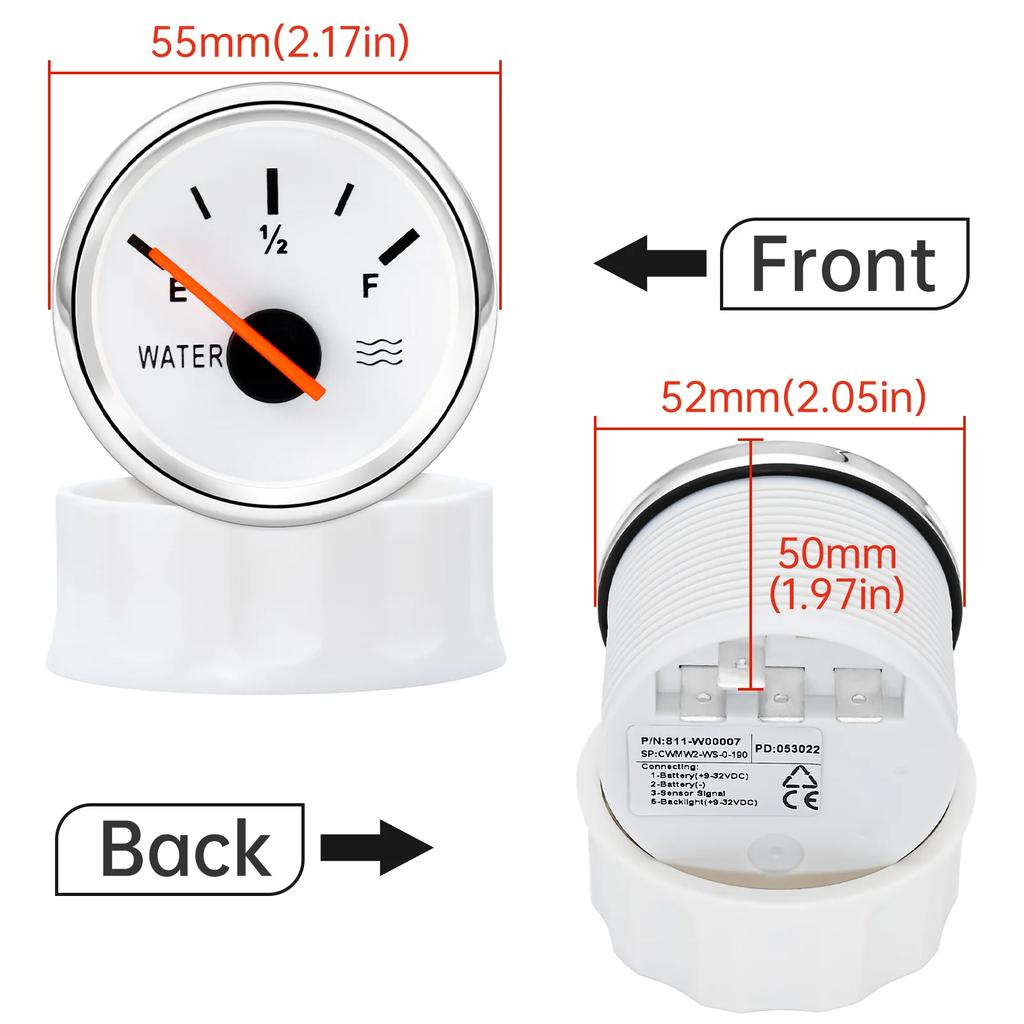 52MM Water Level Gauge 100-500mm 0-190ohm Stainless Steel Water Level Gauge Sensor For Boat Car With Red Backlight 9-32V
