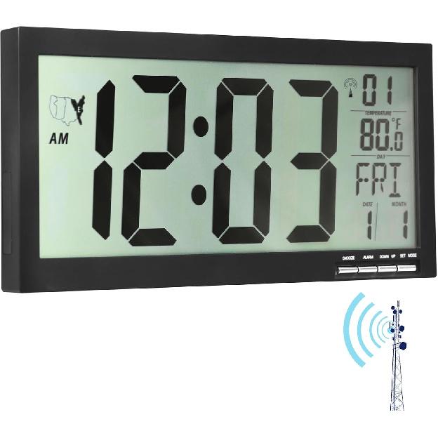 16" Atomic Clock Large Digital Wall Clock Battery Operated Large Display with Big Numbers,Temperature and Date - Easy to Read and Set,Auto DST