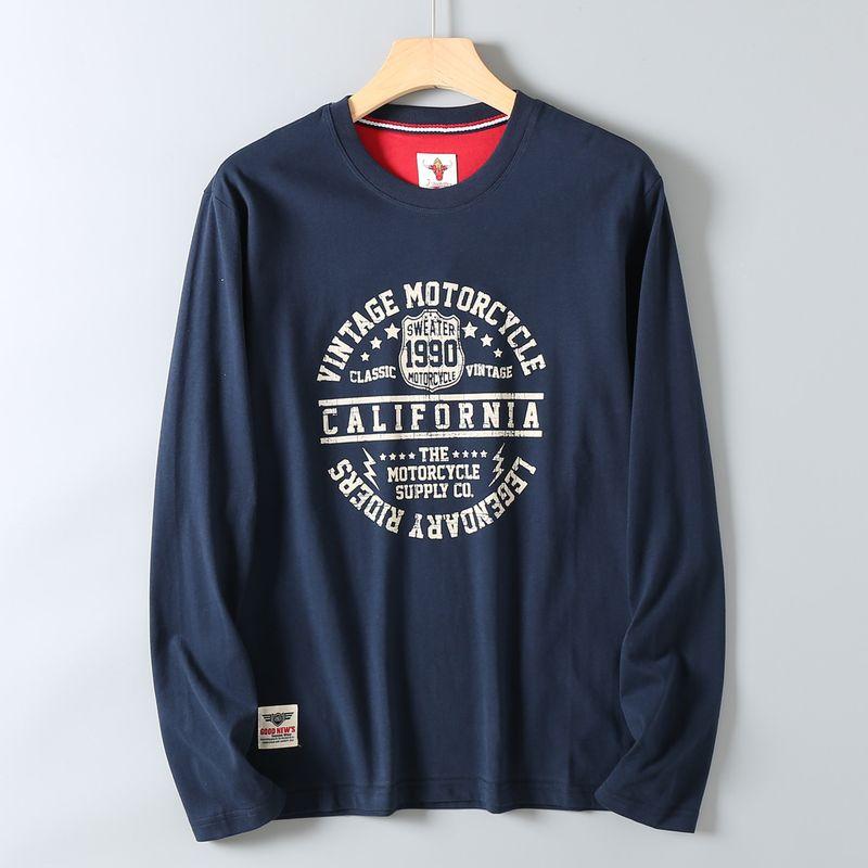 Retro Trendy Letter Print Long-Sleeve T-Shirt for Men, American-Style Casual Washed Pure Cotton, Comfortable Round-Neck Base Shirt