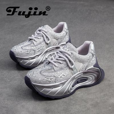 Fujin 6 см Air Mesh коровья натуральная кожа свиная кожа массивные кроссовки женские удобные летние блестящие разноцветные ботильоны Fsahion обувь