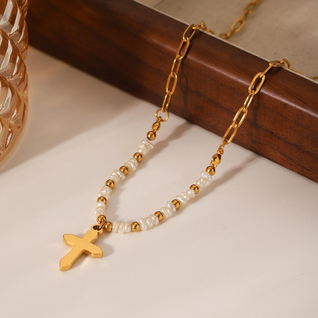 French light luxury vintage natural freshwater pearl necklace stainless steel cross pendant jewelry high-end clavicle chain