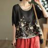 Retro Embroidered Summer Linen Shirt - Women's Color Block Round Neck Cotton Pullover
