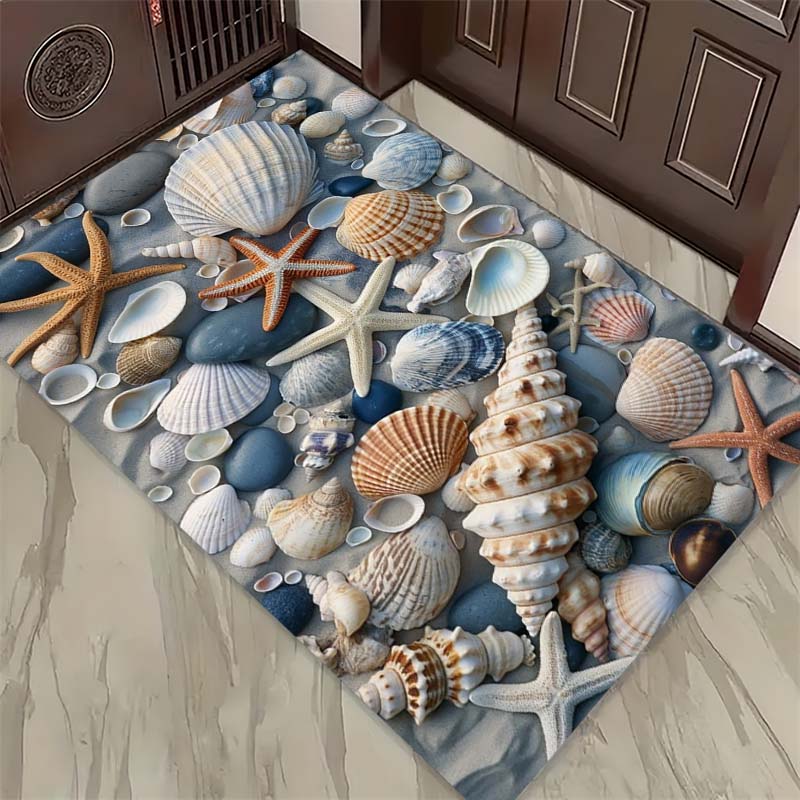 Beach Shell & Starfish Print Doormat, Non-Slip Entrance Floor Mat with Natural Seashells & Starfish Design, Indoor Rug for Ocean Lovers