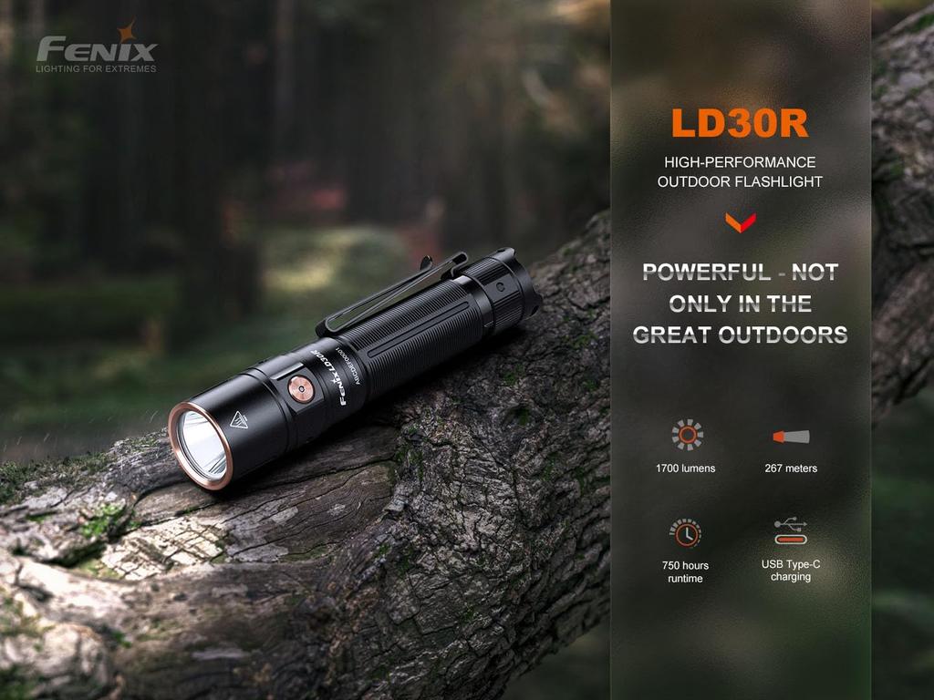 Fenix LD30R Rechargeable Compact LED Torch 1700 Lumens 267m Up To 750 Hours Charging Port 18650 1 Lumen Moonlight Mode IP68 Black Ultra-Bright
