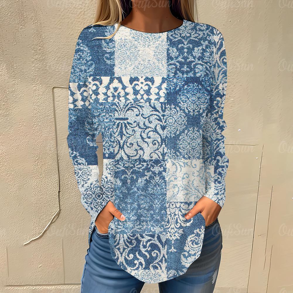 Irregular Color Blocks Pattern Print Women's T-shirts Autumn Casual Cotton Long Sleeves Tees Tops Female Clothing Streetwear