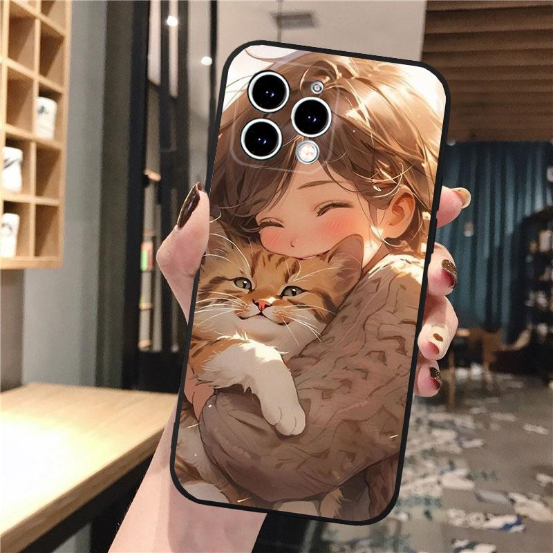 Аниме Девушка Женщина с Кошкой Чехол для Телефона Для iphone 16 15 14 Pro Max 16 15 14 13 12 Pro 15Plus iphone 11