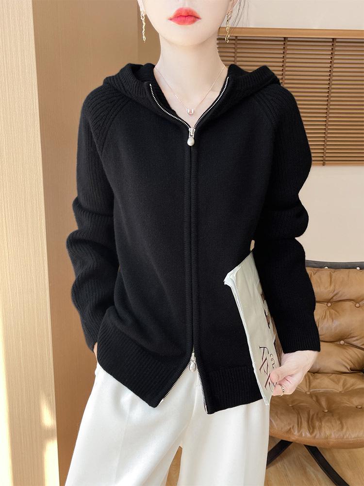 Women's 100% Wool Double Zipper Hooded Knit Cardigan with Raglan Sleeves