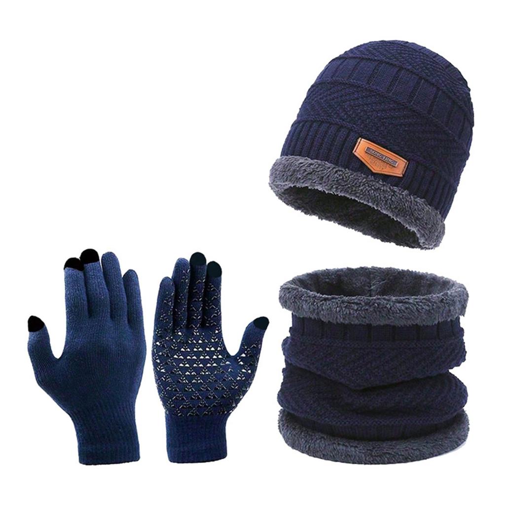 Three-piece Knitted Hat, Winter Warm Hat, Non-slip Screen Gloves, Plus Velvet And Thick Wool Scarf Hat