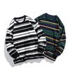 Весна и осень, новый мужской корейский стиль, контрастная полосатая круглая толстовка с длинными рукавами, модный плотный универсальный топ из чистого хлопка