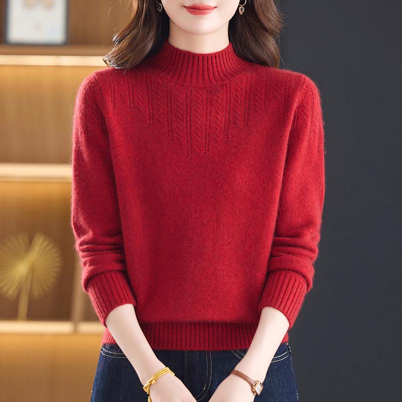 New Pure Wool Sweater for Middle-Aged & Elderly Women - Stylish, Warm, Half-High Collar, Thickened for Autumn/Winter
