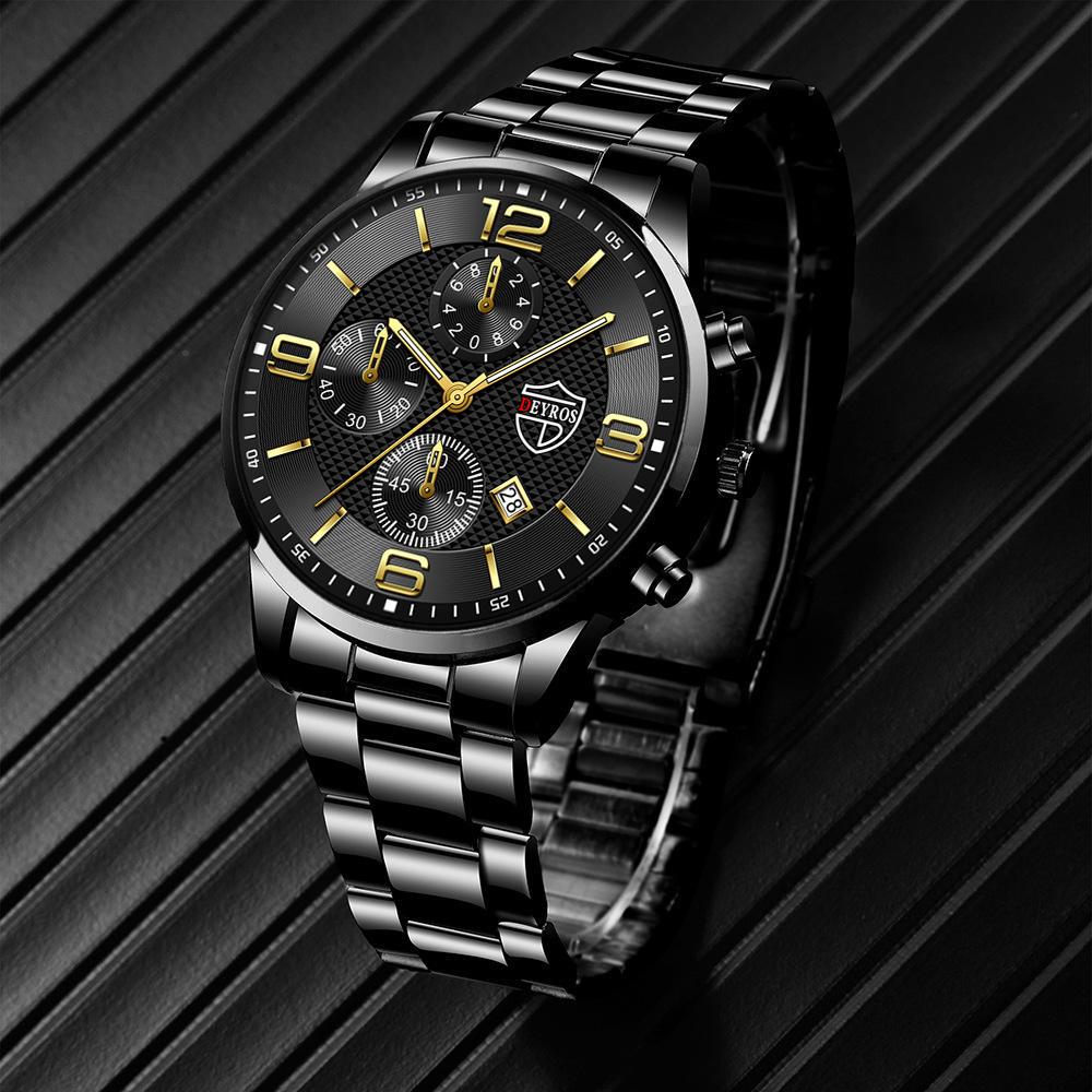 3pcs/set, Men's Calendar Fashion Business Stainless Steel Quartz Watch & Bracelet & Necklace Mens Gifts