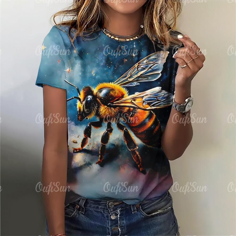 2025 Модные женские футболки, блузки с принтом пчелы, топы для женщин, базовые повседневные женские футболки с принтом, свободная женская одежда
