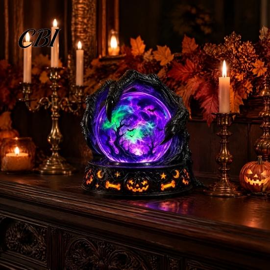 Halloween Table Decor LED Lighted Faux Crystal Ball Decoration, Resin Witch/Skeleton/Cat/Ghost Figurine with Unique Gift for Friends Green/Purple