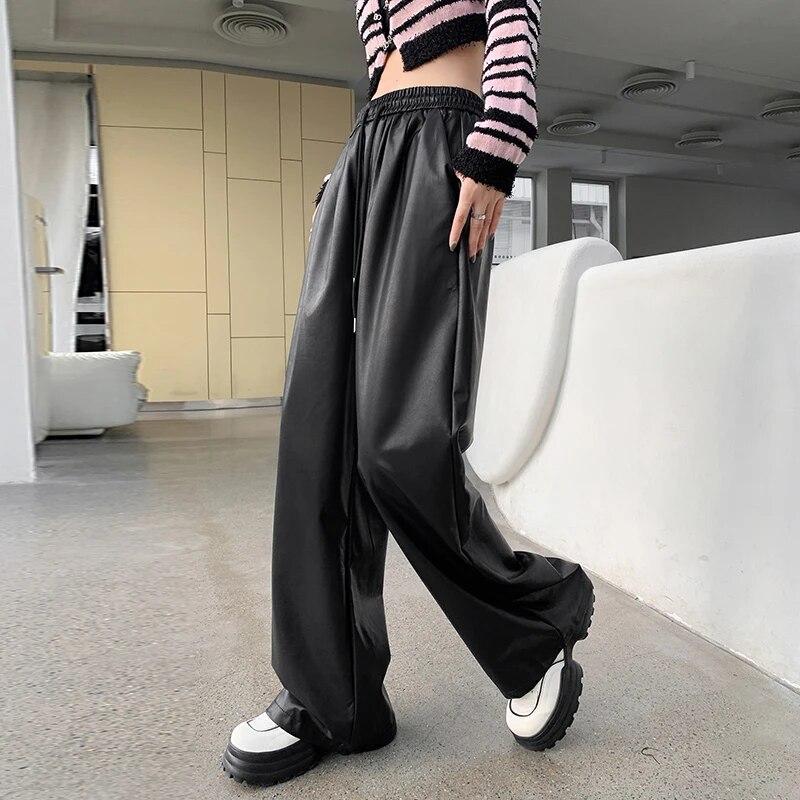 Осень-зима модные широкие брюки из искусственной кожи повседневные кожаные брюки с эластичной резинкой на талии женские уличные стильные женские брюки 29393