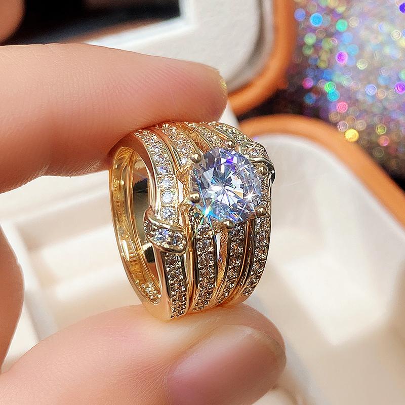3pcs Ring Set Couple Round Synthetic Zirconia Set Ring European and American Fashion Luxury Engagement wedding Jewelry for Women