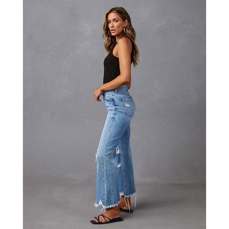 Wide Leg Fringe Washed Ripped Straight Leg Casual Women's Jeans