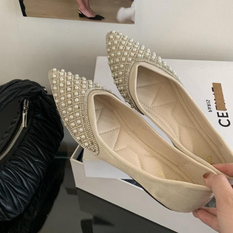 Модные Роскошные Туфли-лодочки с Декорацией из Страз и Бусин на Низком Каблуке, Женская Мода, Острый Носок, Неглубокие Дизайнерские Туфли, Удобные Балетки на Мягкой Подошве