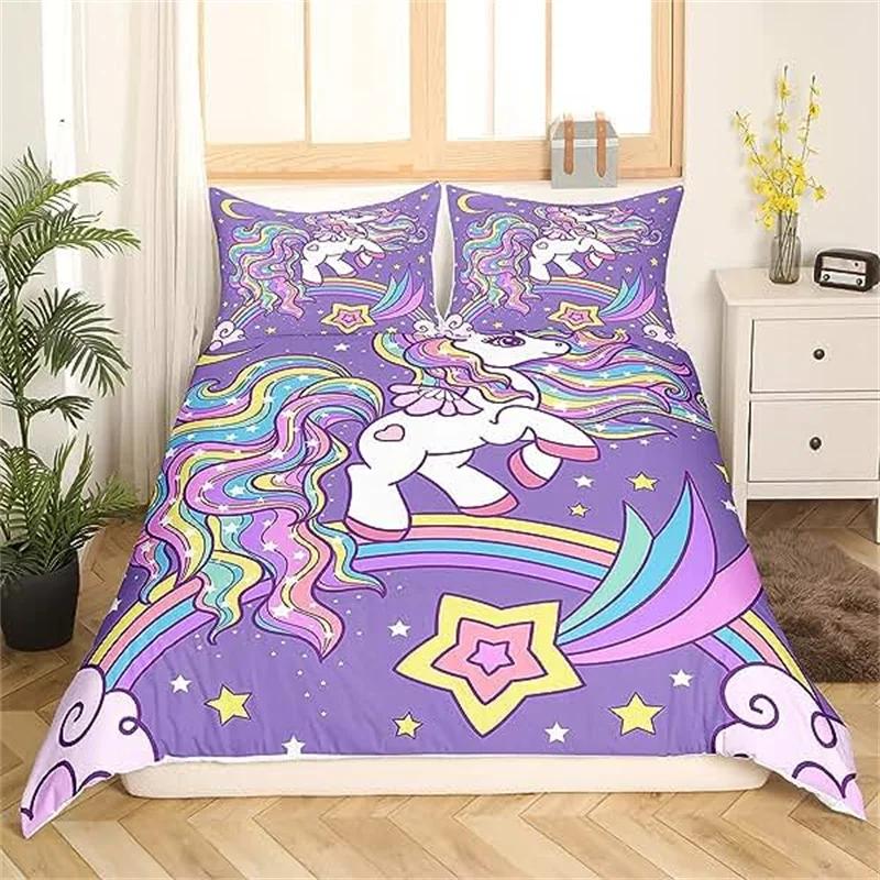 Children Cute Unicorn Duvet Cover Cartoon Bedding Set Rainbow Stripes Animals Children Kids Girls Gifts for Bedroom Decorations