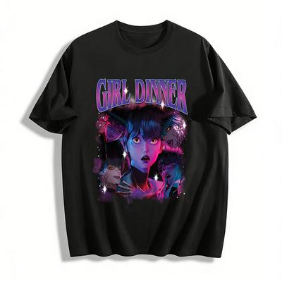 Vintage Girl Dinner Vampire Anime Print T-Shirt Unisex Street Trendy Loose Top Pure Cotton T-shirt