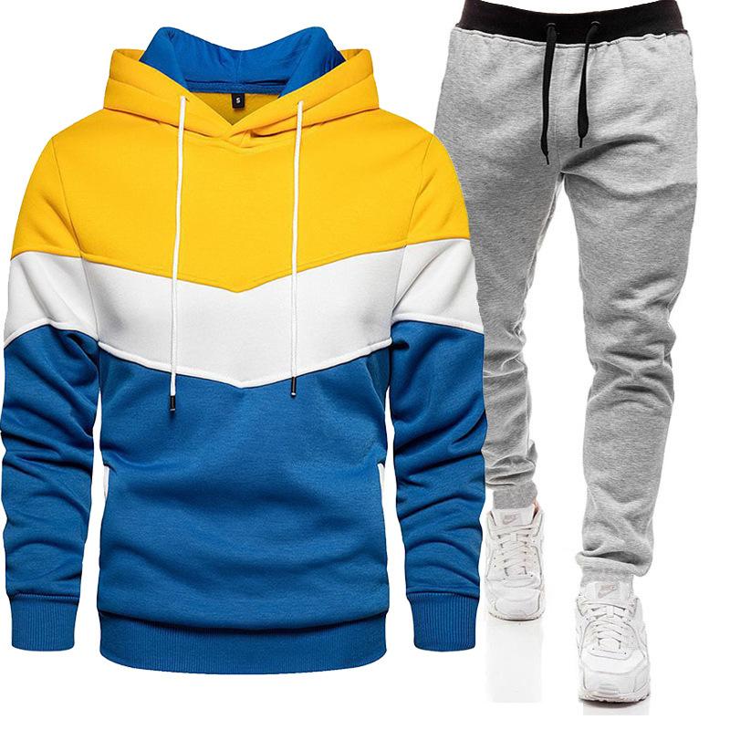 Sports Suit Men's Autumn Winter Plus Size Loose Hooded Sweatshirt Sweatpants Color Blocked 2-piece Set Light Plate