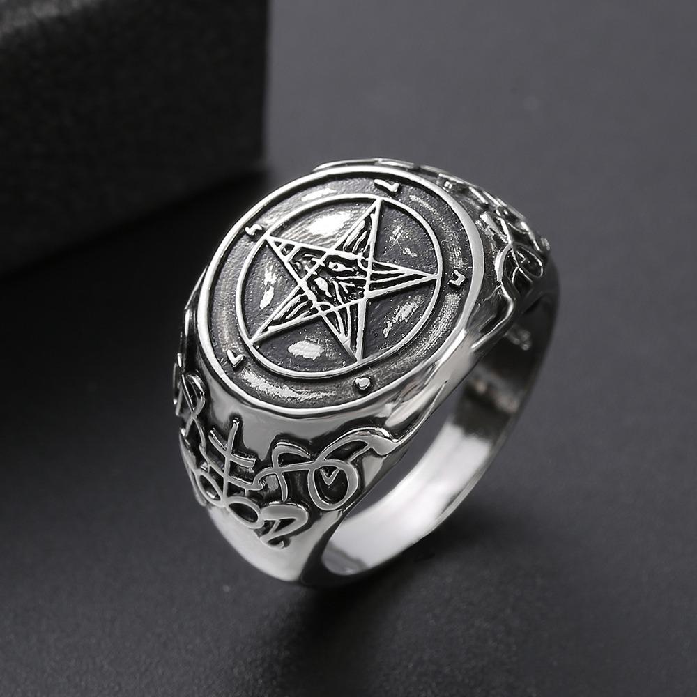 Satanic Baphomet Goat Head Ring with Inverted Pentagram Band Gothic Jewelry for Men Women