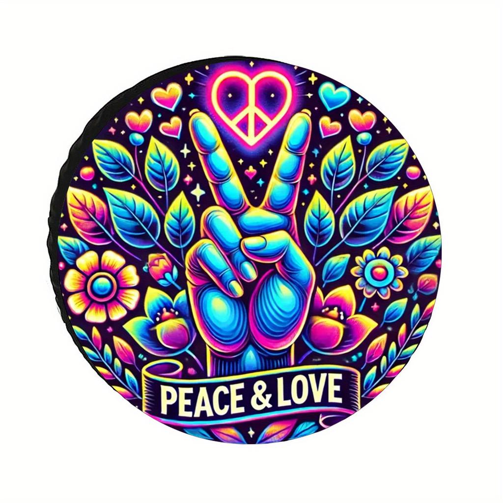 Peace & Love Vibrant Tire Cover Durable Polyester Graphic Design for RVs SUVs Trucks Campers Breathable Protective Cover