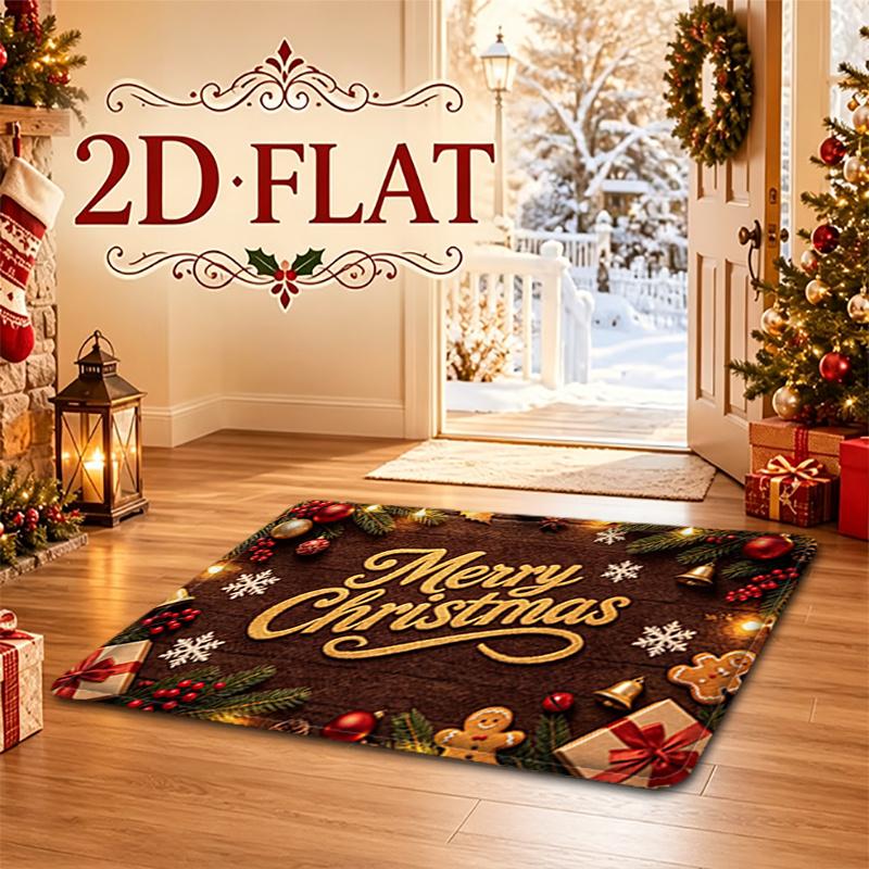 Doormat - 2D Printed Pattern Christmas Holiday Decor Mat, Golden "Merry Christmas" Text with Christmas Ornament Border, Fun Carpet Machine Washable No