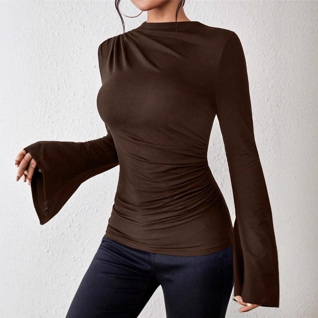 Autumn and Winter New Versatile Pleated Design Flared Sleeve Stand-up Collar Slim T-shirt