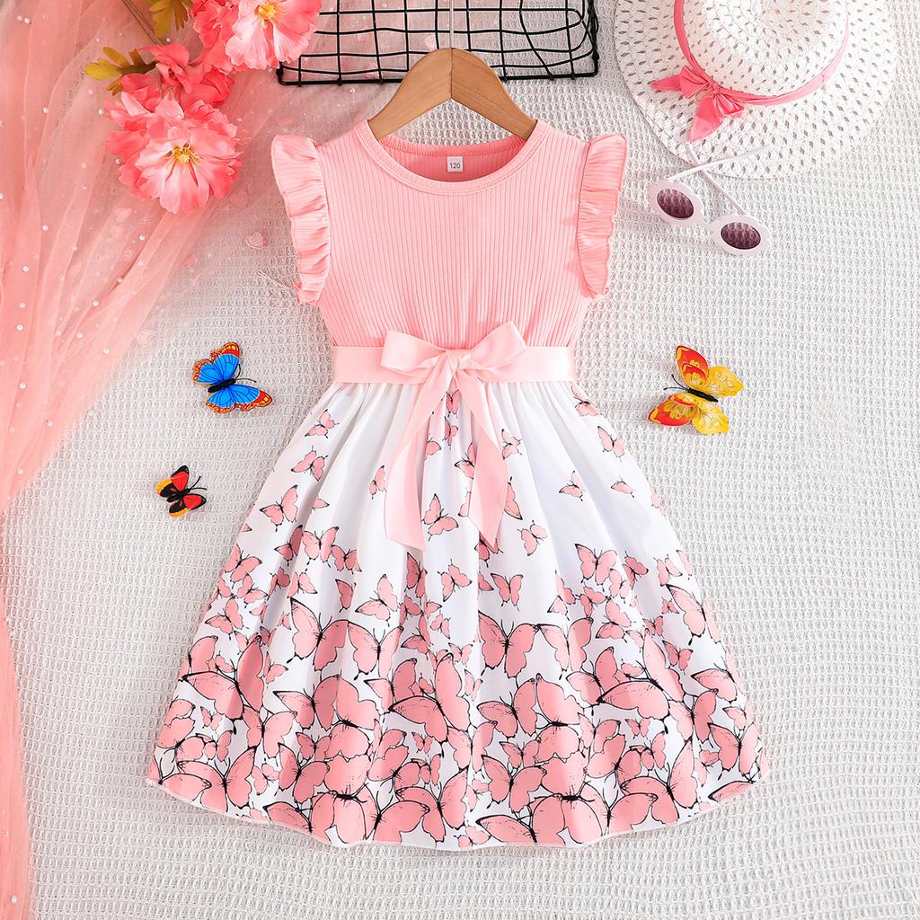 Girls' Butterfly Print Sleeveless Dress + Belt 2025 Summer Children's Fashion Casual Dress