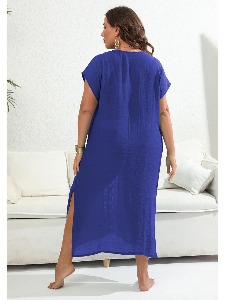 Пляжное платье-накидка ручной вязки большого размера, колорблок, глубокий V-образный вырез, разрез