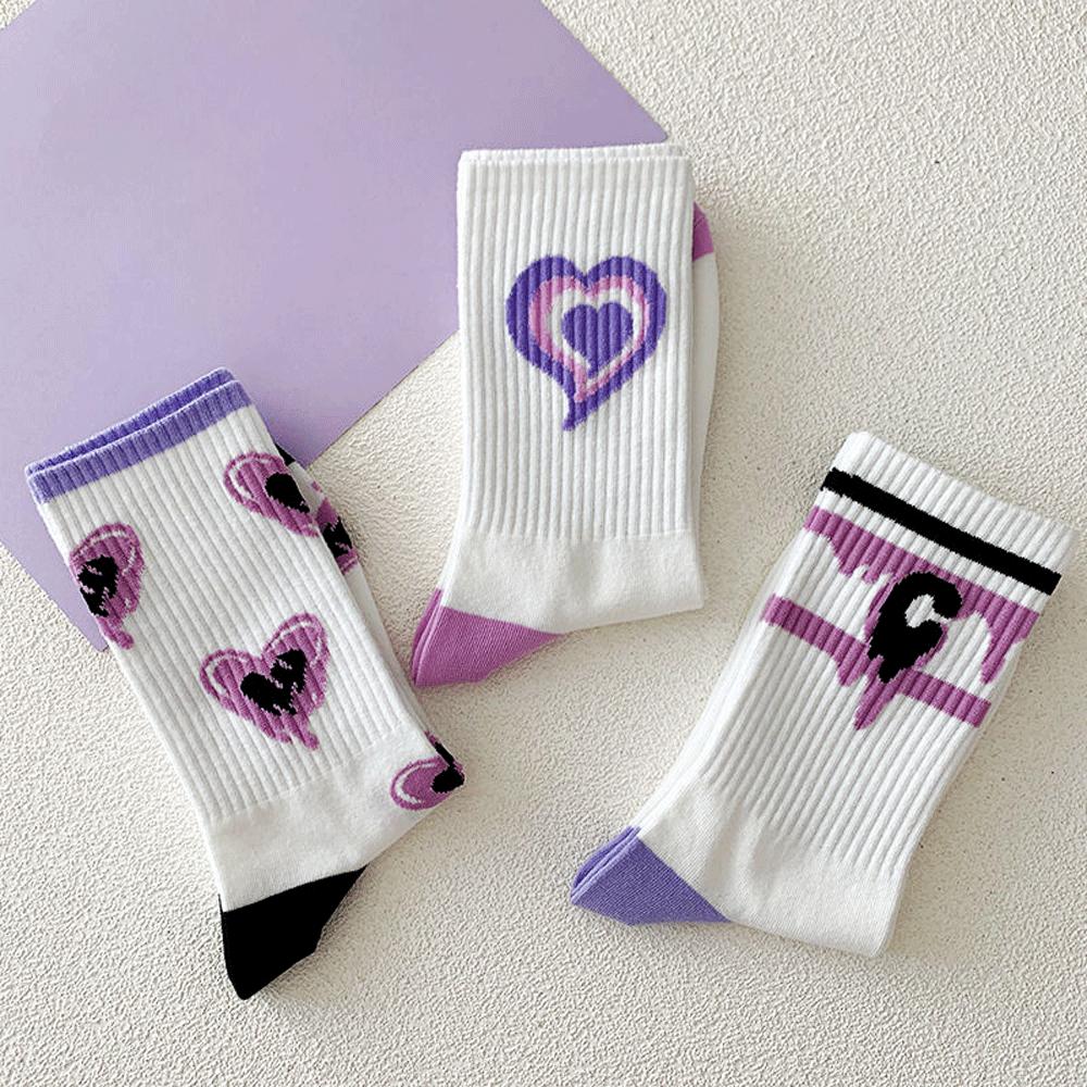 Женские белые носки, милые хлопковые носки с сердечками, Kawaii, консервативный корейский стиль, аниме, фиолетовые женские носки, комплект из 5 пар