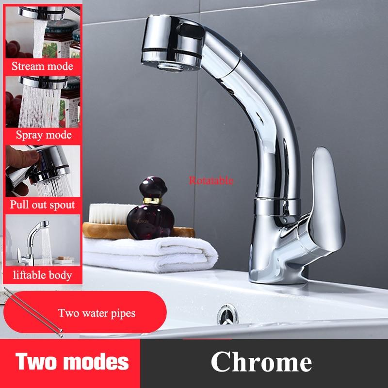 Matte Black Bathroom Basin Faucet Pull Out Spout Rotatable Liftable Body Deck Mounted Hot and Cold Water Mixer Tap
