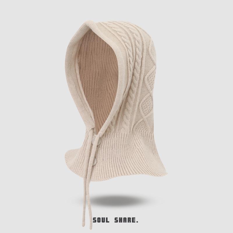 Wool Knitted Balaclava with Neck Scarf Integrated Hat Gloves Autumn and Winter Neck Protection Fashionable Red