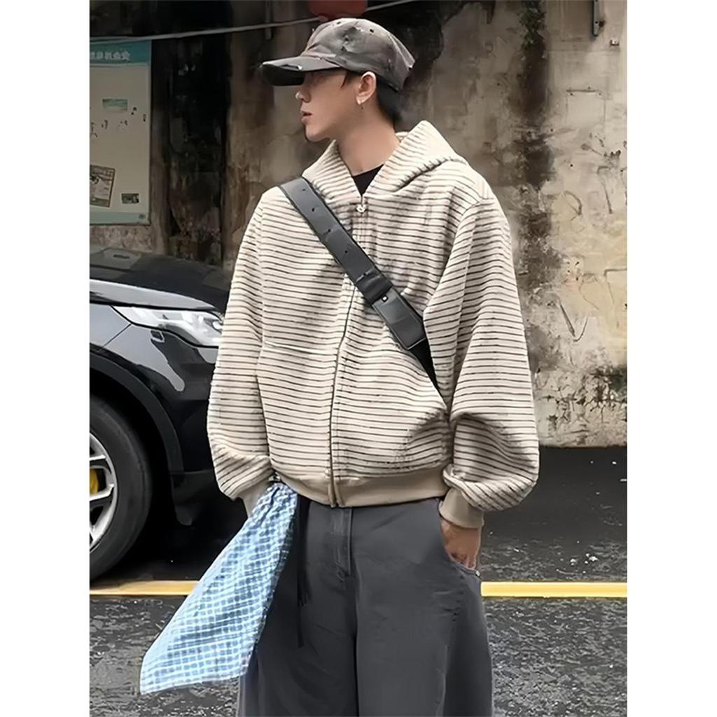 Унисекс ретро-худи на молнии в полоску, кардиган для весны/осени - Повседневное, свободный крой