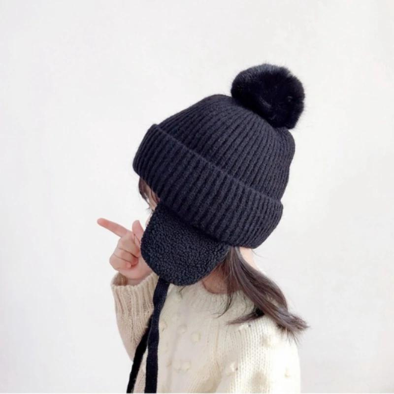 2-8T Baby Hat Big Pompom Beanie with Earflap Wool Plush Children Knitted Cap for Girls Boys Winter Thick Warm Kids Accessories