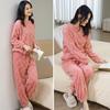 2 Pcs/Set Winter Pajamas Set Thickened Coral Fleece Checked Texture Round Neck Long Sleeves Top Wide Leg Elastic Waist Trousers Homewear Loungewear