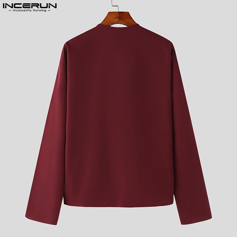 INCERUN Мужские рубашки с длинным рукавом и оборками, топы с открытым передом, повседневные топы
