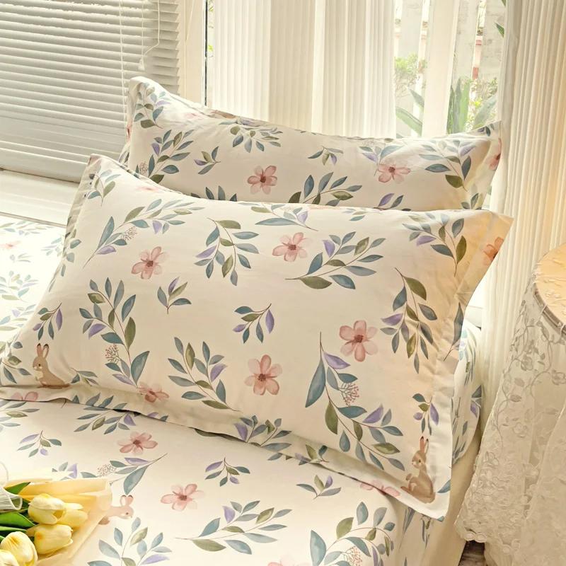 Floral Leaves Pattern Fitted Sheet Set 100% Cotton Comfortable Soft Bedding Set Plants Printed Mattress Cover with Pillowcases