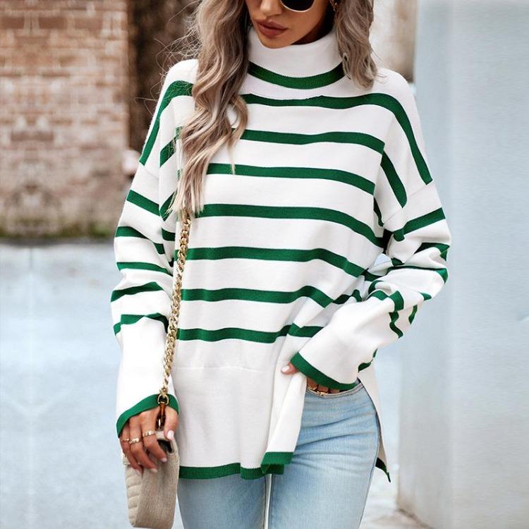 Женский полосатый повседневный свободный вязаный топ с высоким воротником Осень Зима Мода Новый свитер