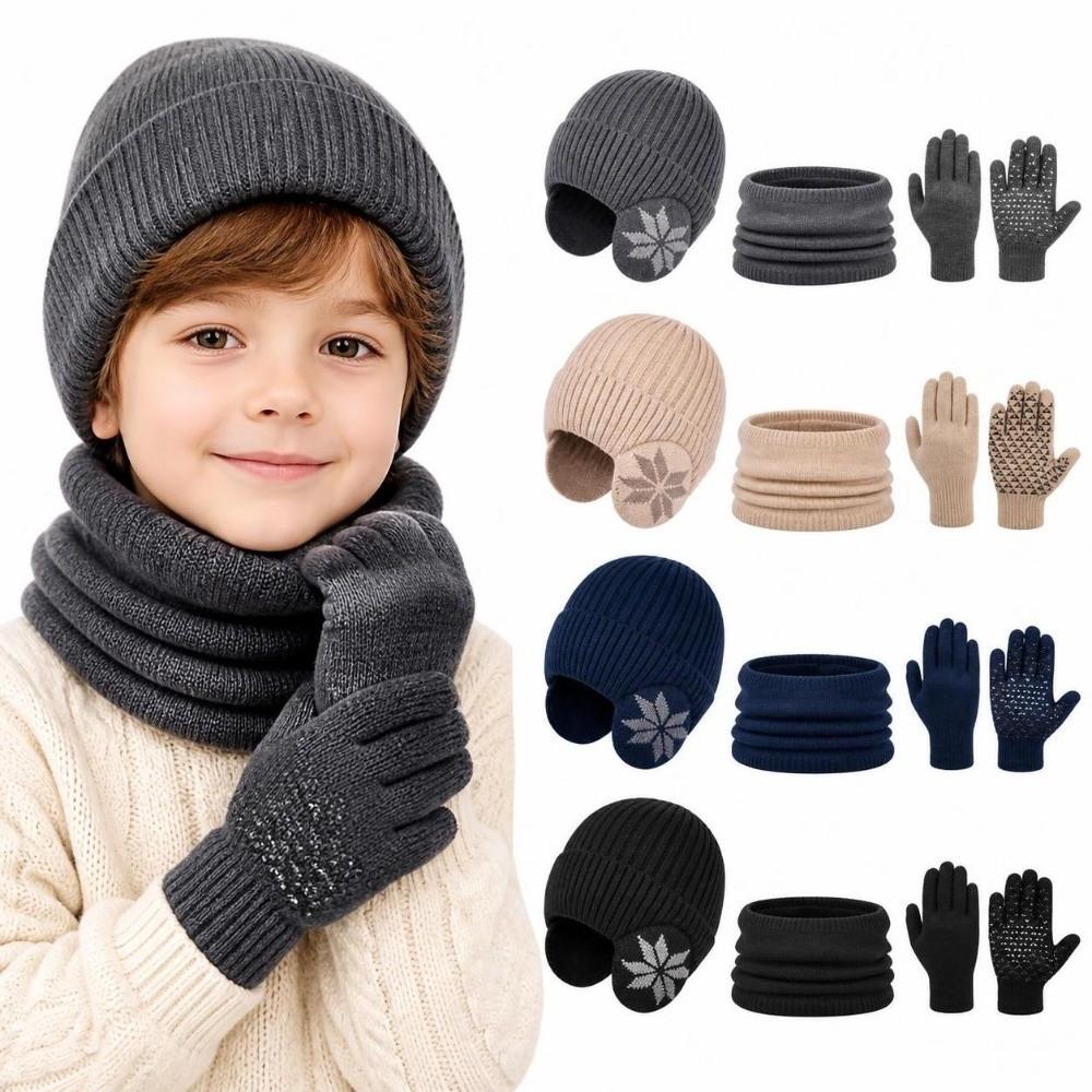 3Pcs Set Warm Kids Beanie Caps Ear Protection Fleece Lined Winter Accessories Set Children