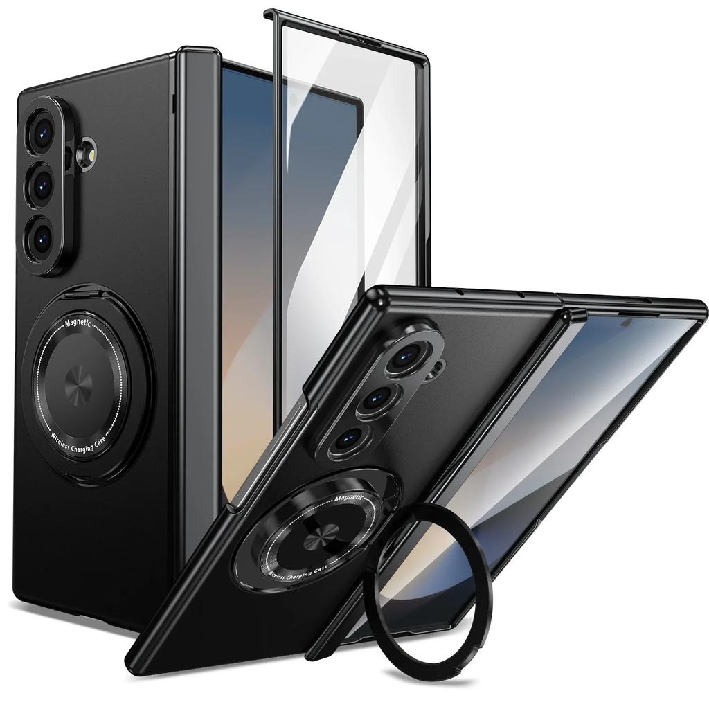 360°Alloy Magnetic Holder Hinged Phone Case For Samsung Galaxy Z Fold 7 6 5 4 3 Magsafe Wireless Charger Camera Shockproof Cover