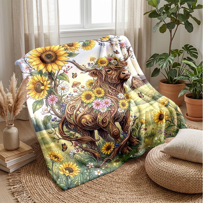 Floral Bull with Sunflowers Theme blanket Lightweight Warm Flannel Blanket Decorative Throw Blanket for Home Decoration