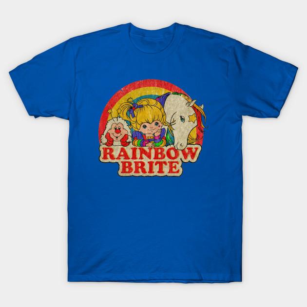 Men Black Print T-shirt Retro Rainbow Brite No-Cut Heat Transfer Print Cotton Tshirt