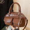 High-value Commuter Bag Ins Retro Oil Wax Leather Bowling Ball Large-capacity Versatile Class Shoulder Bag Handbag Women